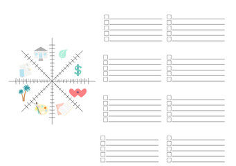 Vector illustration with Wheel of Life - diagram with blank lines to fill. Printable A4 paper sheet for coaching tool, bullet journal page, daily planner template, blank for notebook