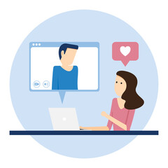 Woman make online conversation via laptop computer