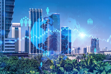 Panoramic view skyscrapers. Modern cityscape of the capital of the Emirate of Dubai. Recruitment...