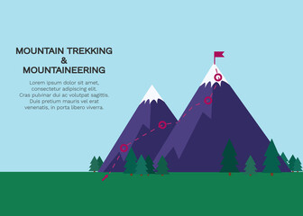 Bright vector banner with mountains, trees, passed route and place for your text. Template for brochure, web and advertising banner, poster, business concept, advertisement of travel agency, mailing.