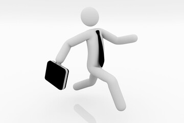 3D character running with tie and suitcase. 3D illustration of business man rushing to office.