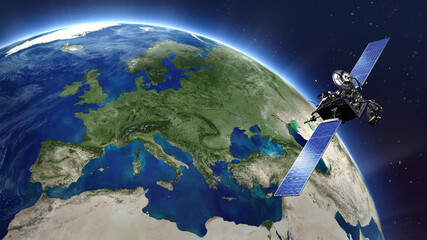 Highly detailed telecommunication satellite orbiting the Earth. Europe map. 3D rendering. © PicaPixel