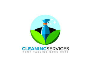 colorful eco environmental friendly cleaning services logo with spray bottle and leaves