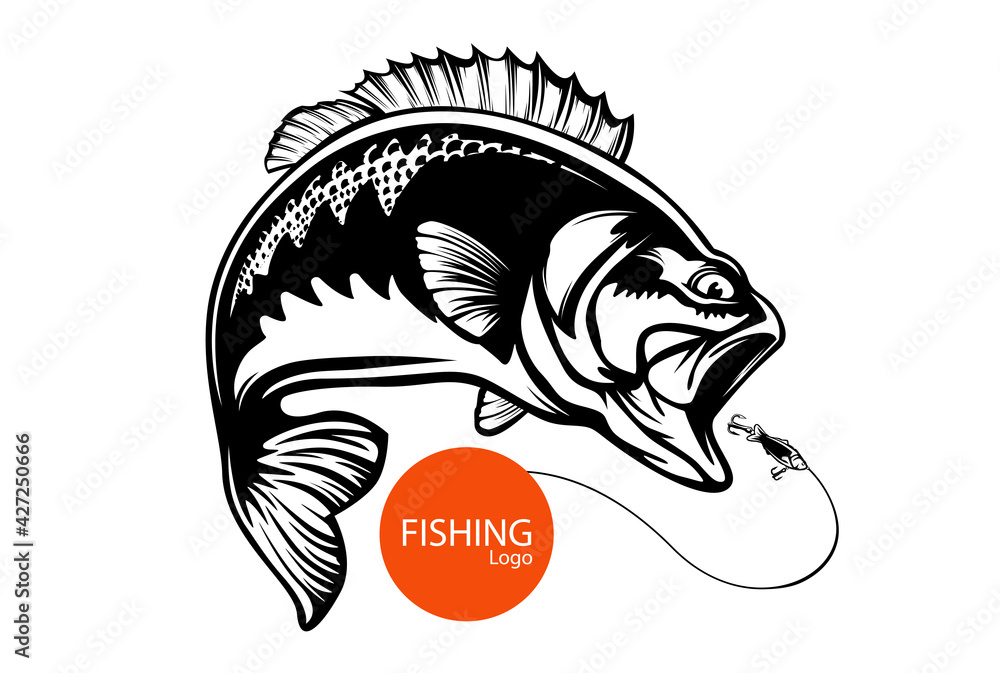 Wall mural fishing bass logo. bass fish with rod club emblem. fishing theme illustration. fish isolated on whit