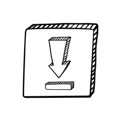 Doodle download 3d button. Hand-drawn design element. Vector isolated illustration in sketch style.