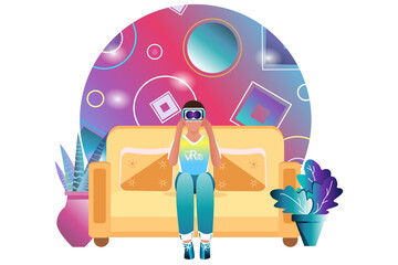 A virtual reality. The guy in 3d glasses. White background. Close-up. Flat illustration. Vector illustration for design