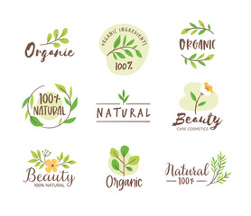 Organic and Natural logo collection. Hand-drawn natural cosmetic emblems. Skin Care; organic beauty products. Vector illustration.