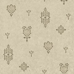Seamless embossed paper texture for print. High quality illustration. Beige taupe or tan paper texture with embossed abstract ethnic tribal design overlay. Seamless repeat raster jpg pattern swatch.