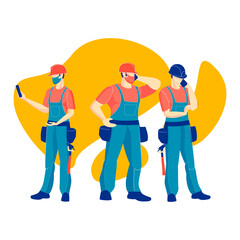 Naklejka premium Builders, group illustration. Workers in overalls run to the rescue with a first aid kit.Vector illustration. Industrial theme. Episode from the life of workers. Carpenters.