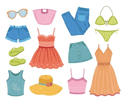 Fashion summer clothes. Clothing clipart, flat dress swimsuit textile. Vacation outfit, sundress and shorts, trendy apparel exact vector set