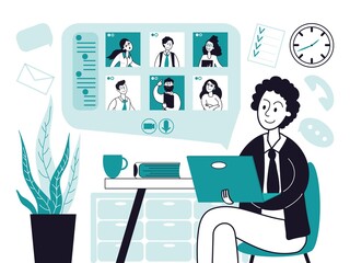 Video call. Virtual business, online conference or meeting. Mobile people communication, man watch webinar or media seminar decent vector concept