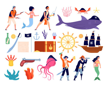 Marine adventures. Sailor team, funny sea boat and pirates elements. Underwater life, cartoon summer travel. Cute utter ocean wildlife vector set