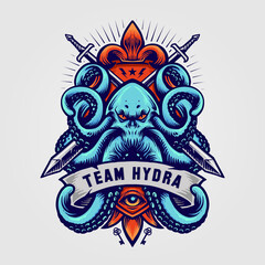 Octopus Kraken Badge Logo Hydra illustrations for your work Logo, mascot merchandise t-shirt, stickers and Label designs, poster, greeting cards advertising business company or brands