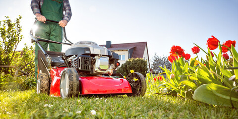 Lawn mower in a sunny garden at spring time