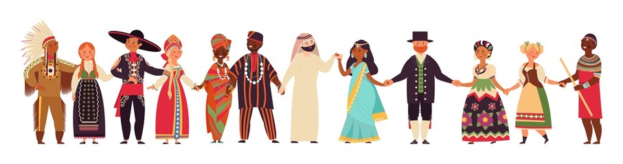 People holding hands. Happy friends, international persons together. Cartoon man woman, community or friendship, adults group decent vector characters