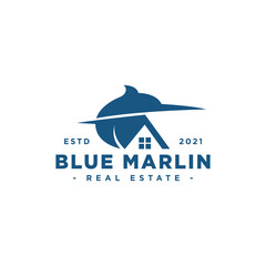 Blue Marlin Real Estate Logo Design Inspiration - Isolated vector Illustration on white background - Creative logo, icon, symbol, sticker, emblem, badge - House and Blue Marlin Fish Combination
