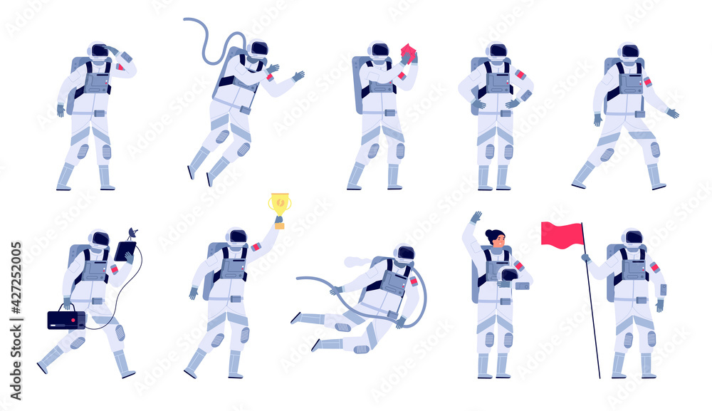 Wall mural astronaut characters. cosmonaut motion work, astronauts with helmet and flag. space suit, isolated s