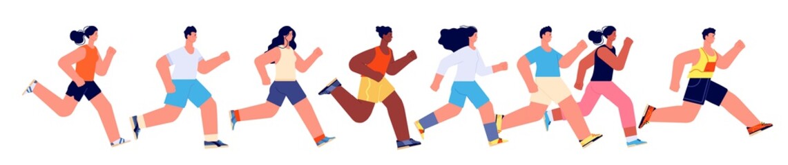People running marathon. Woman jogging summer, sport athletes or runner. Flat athletic men women, isolated active race utter vector characters