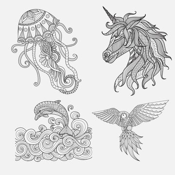 vector set of animal, bird, unicorn, dolphin, jellyfish