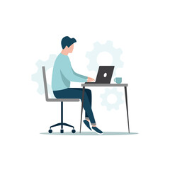 Fototapeta na wymiar Office work concept. Colored flat illustration of home workplace. A man with a laptop works sitting behind a desk.