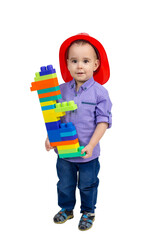 Child holding big toy in hands, isolated white background.