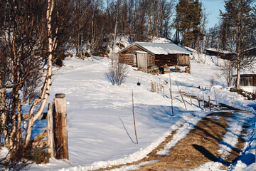 Old traditional house or cabin in the mountains of Norway.