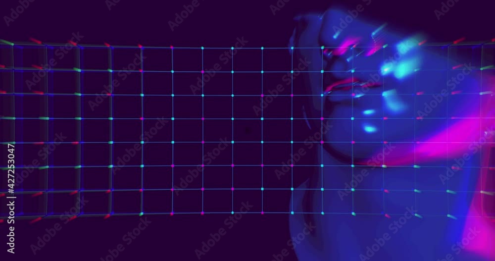 Poster head of marble statue with grid of blocks overlay with defocus effect and glitch noise. neon colors 