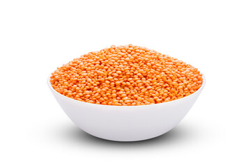 Bowl of red lentils isolated on white background