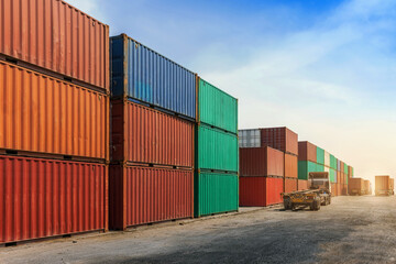 Container stacking cargo with  trailer transport truck working in shipping harbor