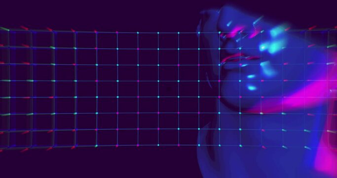 Head of marble statue with grid of blocks overlay with defocus effect and glitch noise. Neon colors purple and blue. Concept idea for Arts and blockchain system, the NFT Non-fungible tokens and Arts