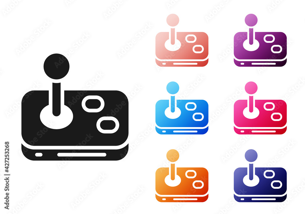 Poster black joystick for arcade machine icon isolated on white background. joystick gamepad. set icons col