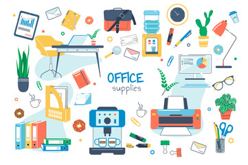 Office supplies concept isolated elements set