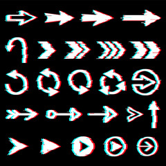 Arrows glitch icons, digital noise effect pointers