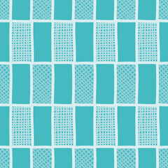 Doodle grid seamless pattern design with rectangles. Criss cross vector illustration in aqua color.