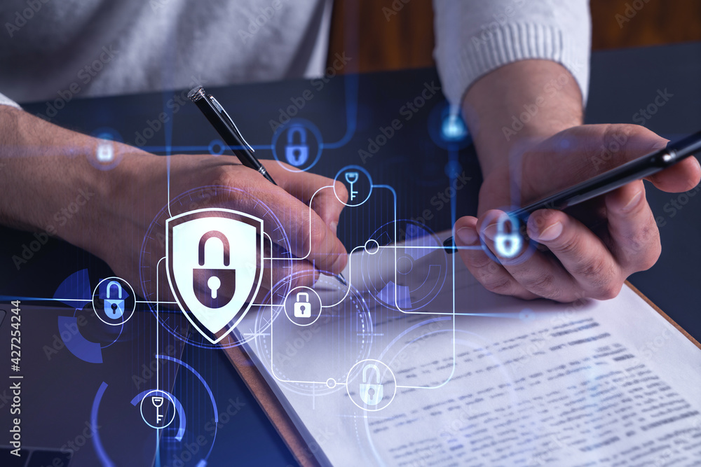 Poster a businessman in casual wear signing the contract to prevent probability of risks in cyber security.