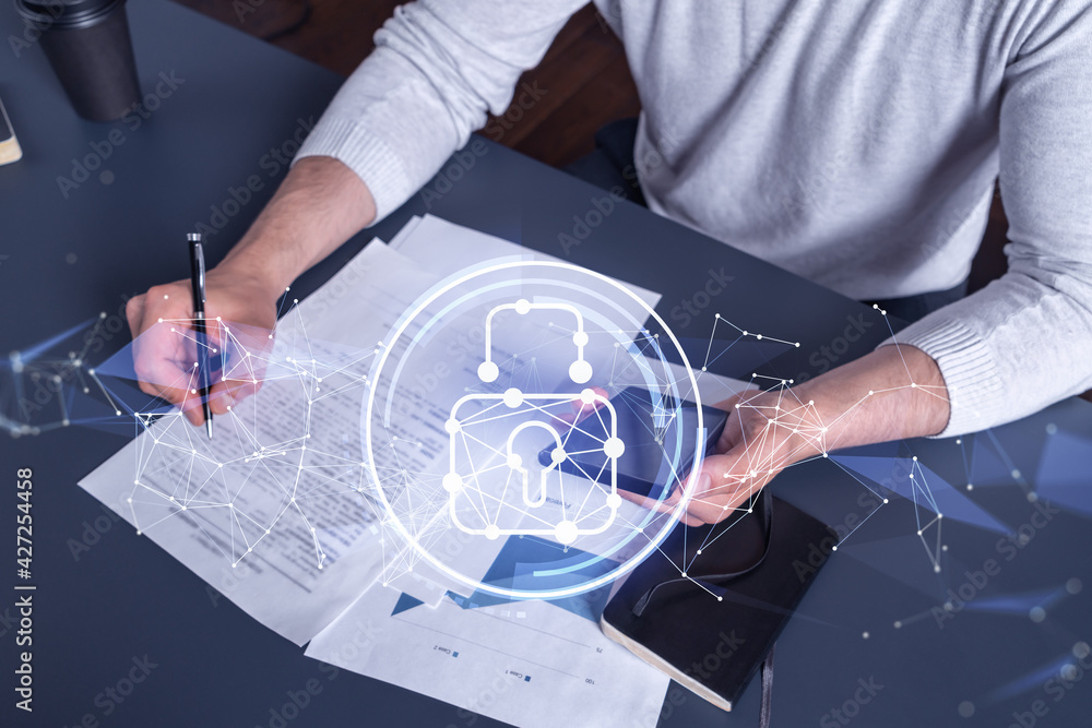 Poster a businessman in casual wear signing the contract to prevent probability of risks in cyber security.