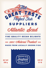 Great Taste Fish Suppliers Abstract Vector Rustic Packaging Label Design. Retro Typography and Hand Drawn Atlantic Scad Silhouette Vintage Background Layout. Isolated
