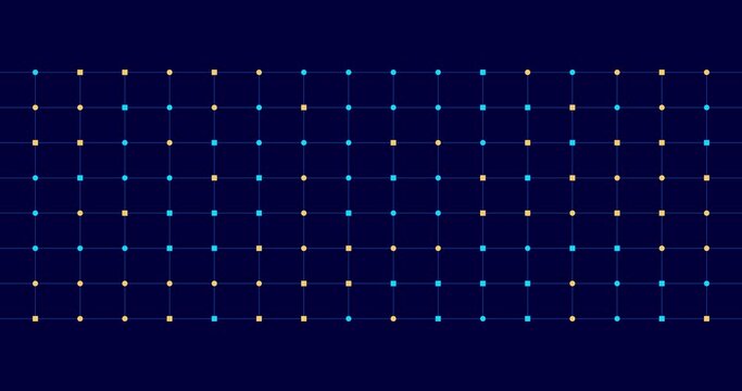 Grid of block growing in space. Square dot in grid with bright colors expand raising nu,bers of block and lines. Network concept for blockchain system and neural network that expand nodes