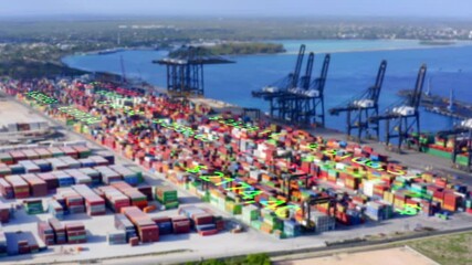 Shipping business concept, Money numbers moving on cargo marina background - 3D graphic animation - Powered by Adobe