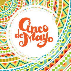 Celebrating card with Cinco De Mayo lettering at bright Mexican style ornamental background. - 427255674