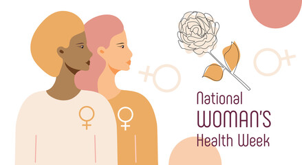 National Women's Health Week concept vector for web, app. Event on Mother's Day to encourage women health in May. Diverse race girls on boho style