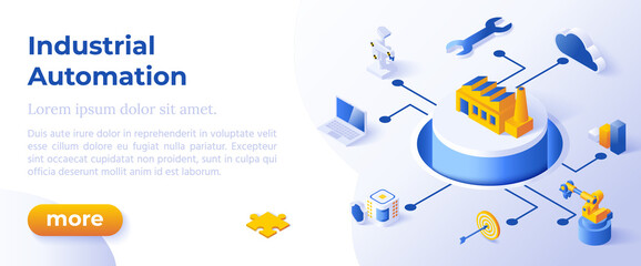 Industrial Automation - Isometric Design in Trendy Colors Isometrical Icons on Blue Background. Banner Layout Template for Website Development