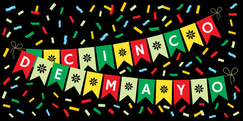 Cinco De Mayo celebrating card with colorful bunting flags and confetti.