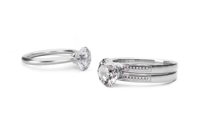 Close up of elegant diamond ring on white background. 3D render