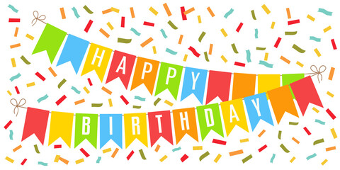 Happy Birthday celebrating card with bright bunting flags and confetti.