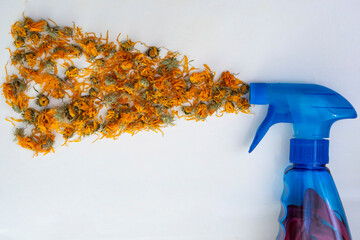Hand sanitizer bottle, spraying with dried Calendula officinalis flowers, isolated on white, close up, creative concept