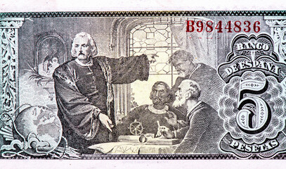 Columbus with his men, Portrait from Spain 5 Pesetas 1943 Banknotes.