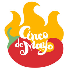 Celebrating card for Cinco De Mayo with burning chili pepper.