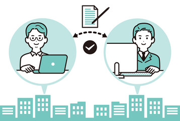 オンラインで契約書にサインするビジネスパーソンのイラスト　男性
