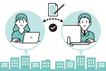 オンラインで契約書にサインするビジネスパーソンのイラスト　男性と女性